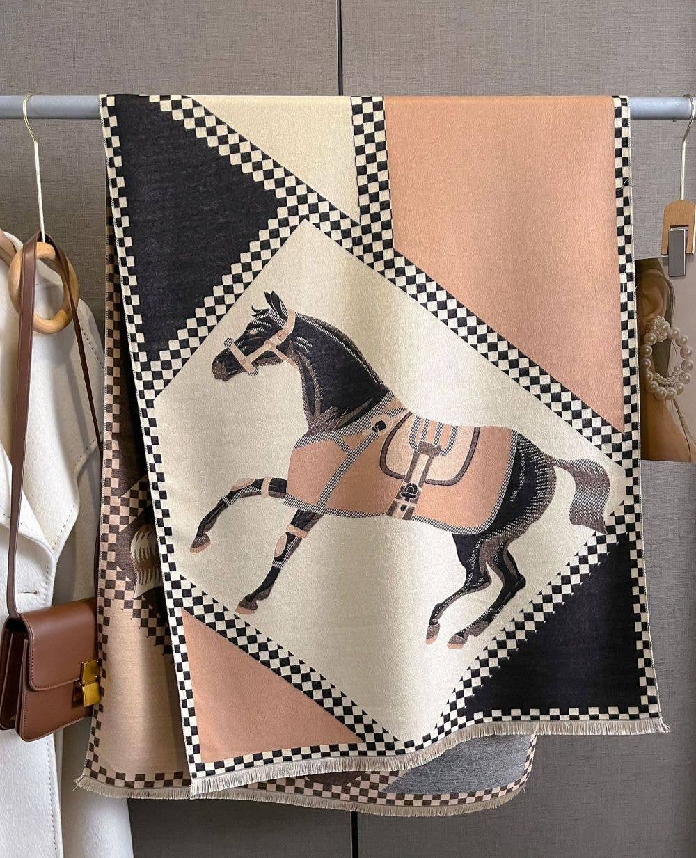 AWST Int'l Horses in Blankets Acrylic Cashmere Scarf: Black