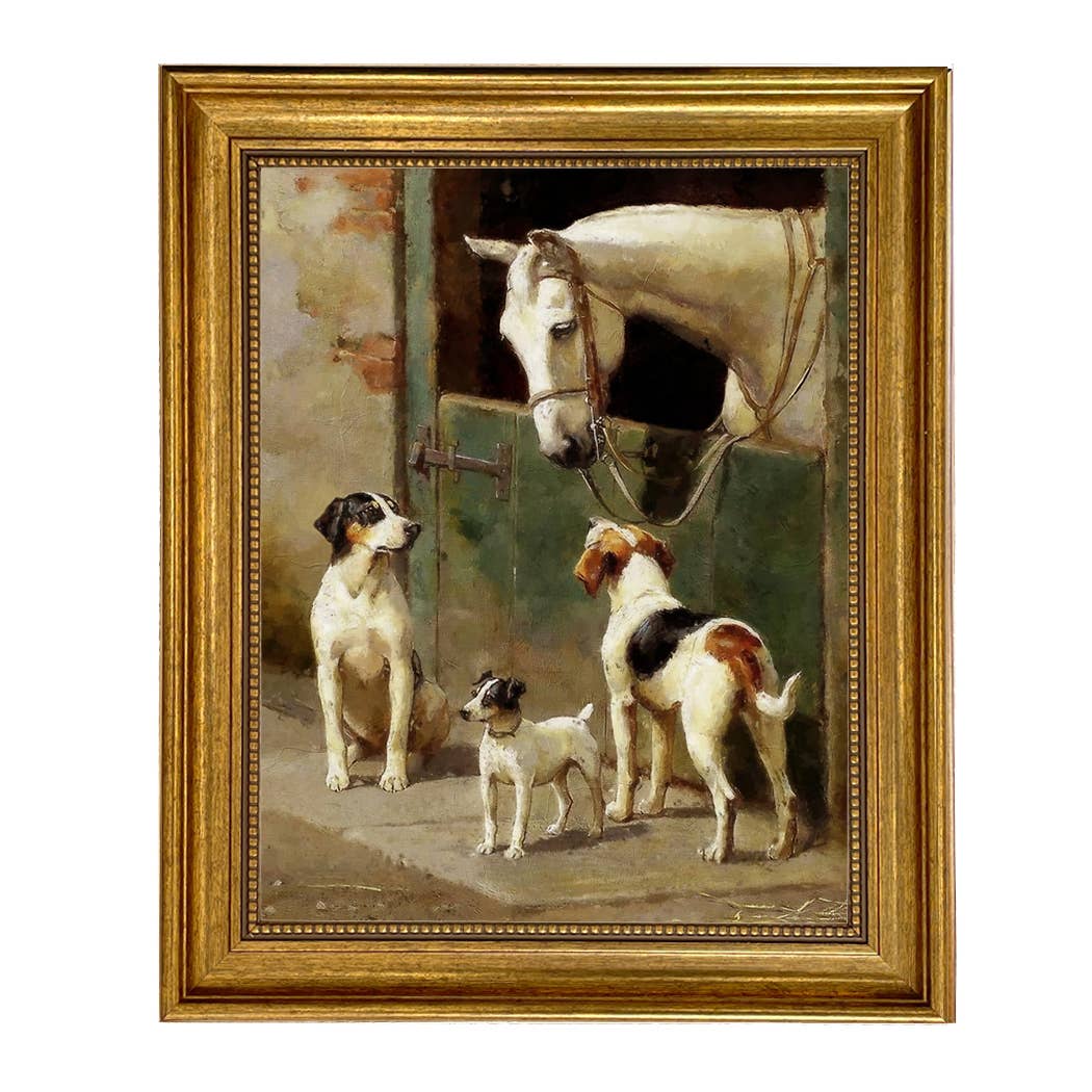 Dog and Horse at Stable Framed Painting Print on Canvas: Leather-look Black/Antiqued Gold / 5" x 6"