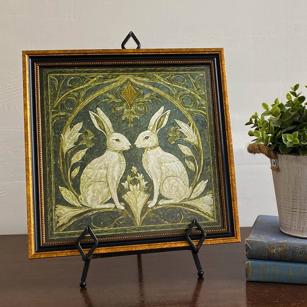 Two Rabbits Art Nouveau Vintage Style Print Behind Glass: Small