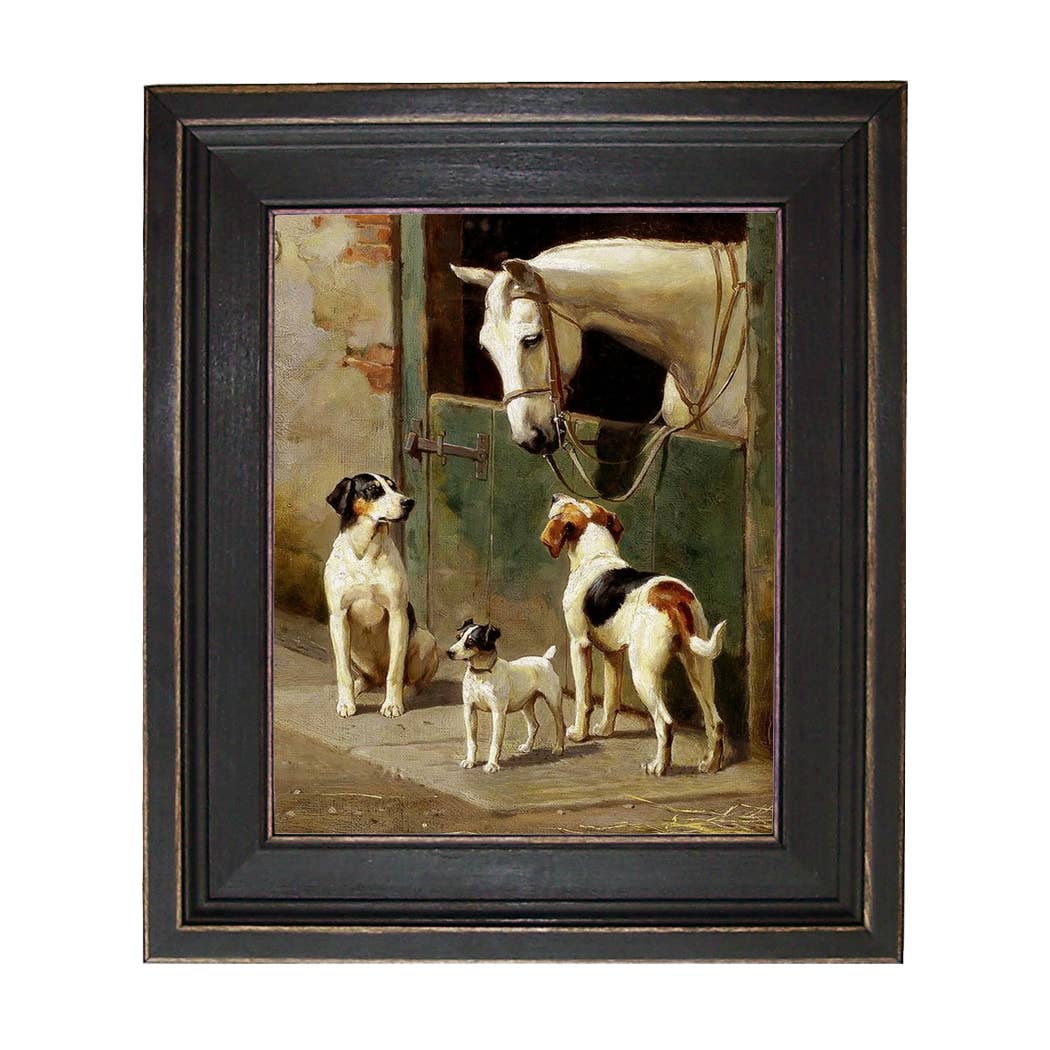 Dog and Horse at Stable Framed Painting Print on Canvas: Leather-look Black/Antiqued Gold / 5" x 6"