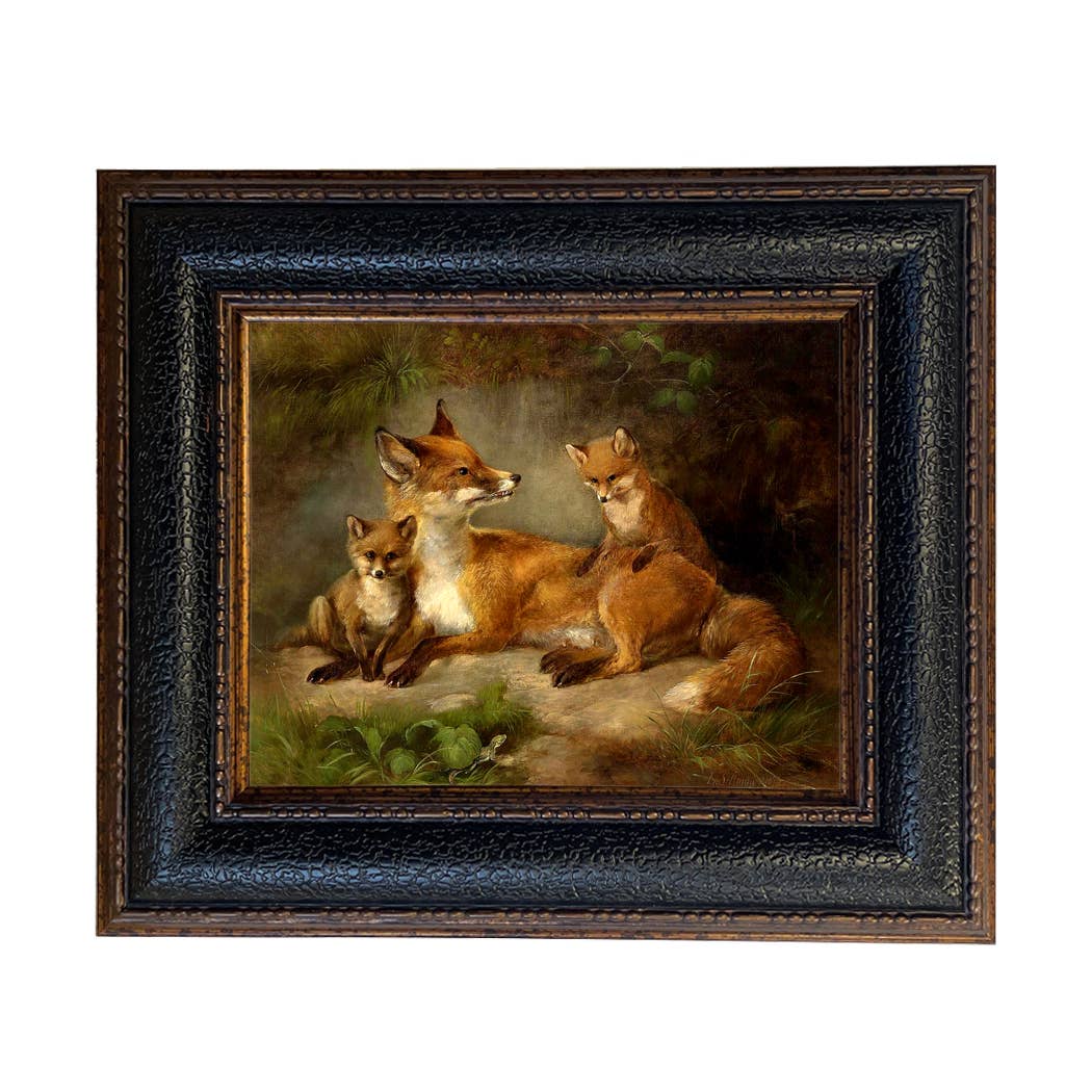 Family of Foxes Vintage Painting Print on Canvas Wall Art: Black Distressed / 5" x 6"