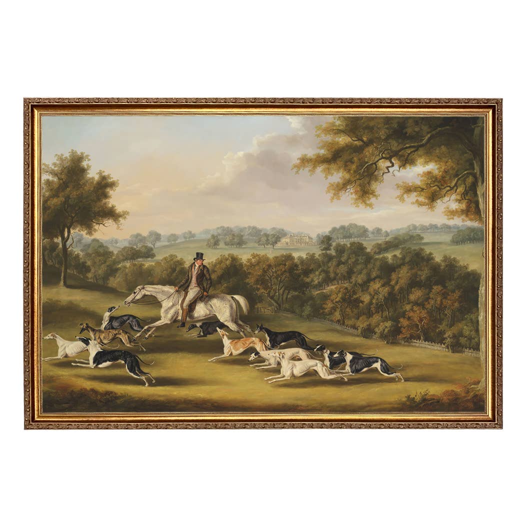 Horse & Hunter with Greyhounds by William Davis | Wall decor: Gold Florentine Leaf / 7″ x 11″