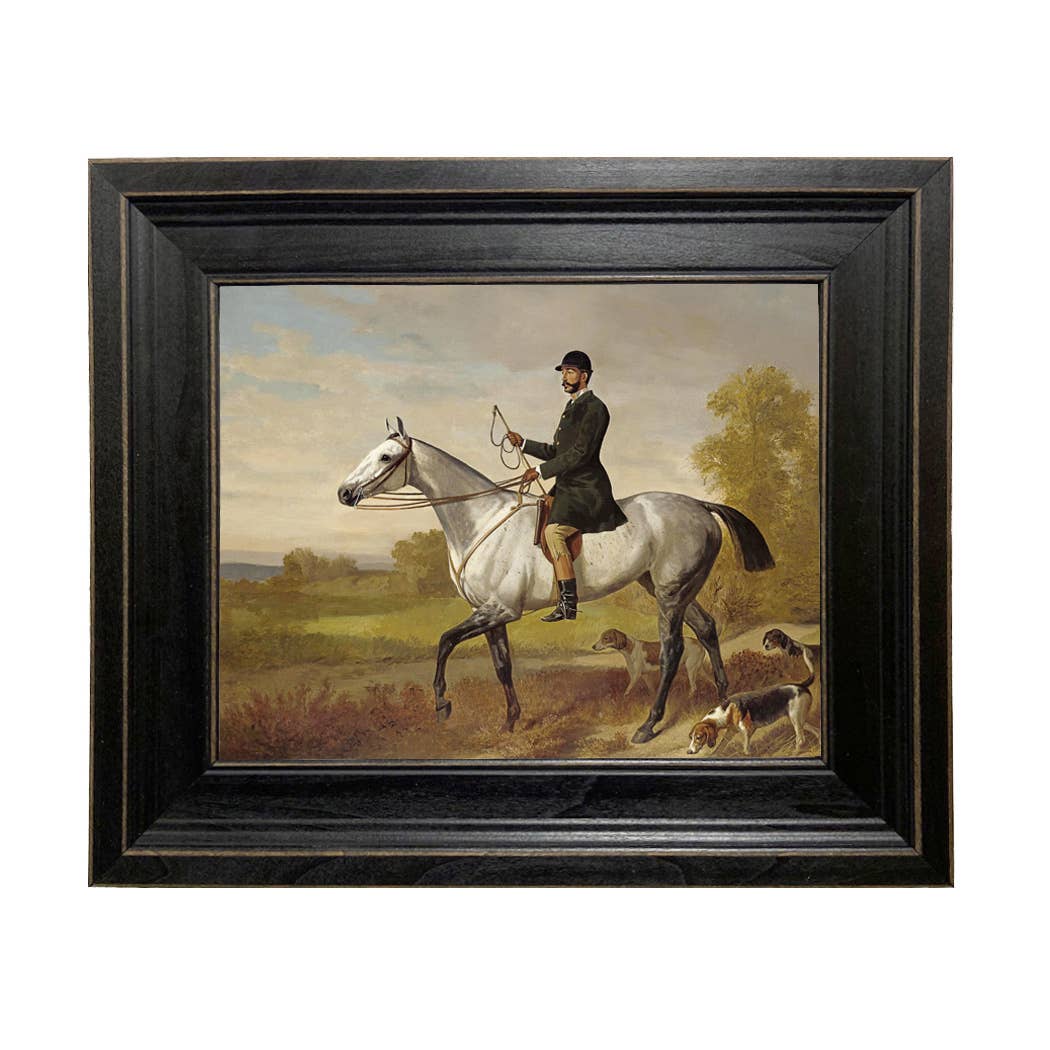Huntsman w/ Horse & Hounds Framed Painting Print on Canvas: 5" x 6"