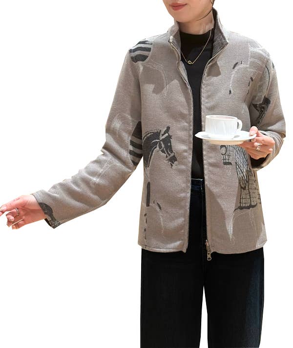 Tan / Gray Trotter Reversible Zipper Sweater: L