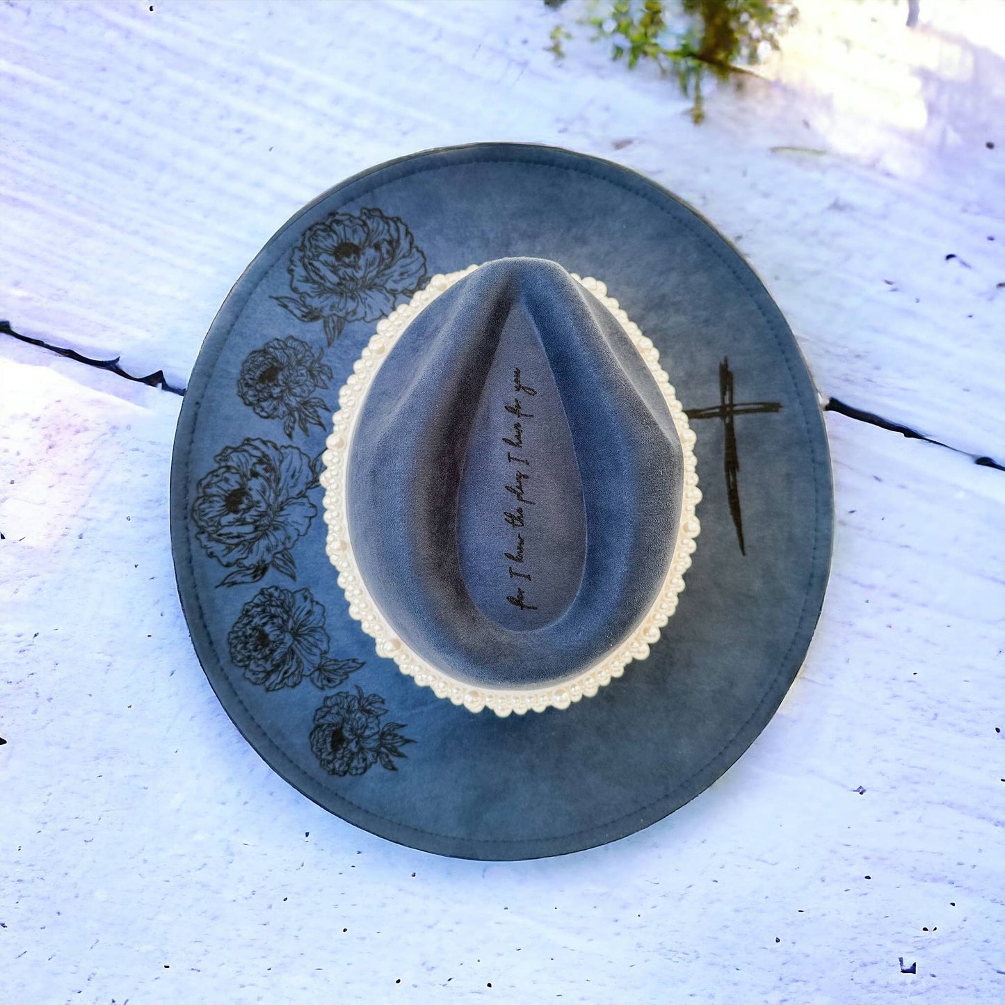 Western Hat Burned Hat For I know The Plans Florals Cross: Navy / Vegan Suede Rancher