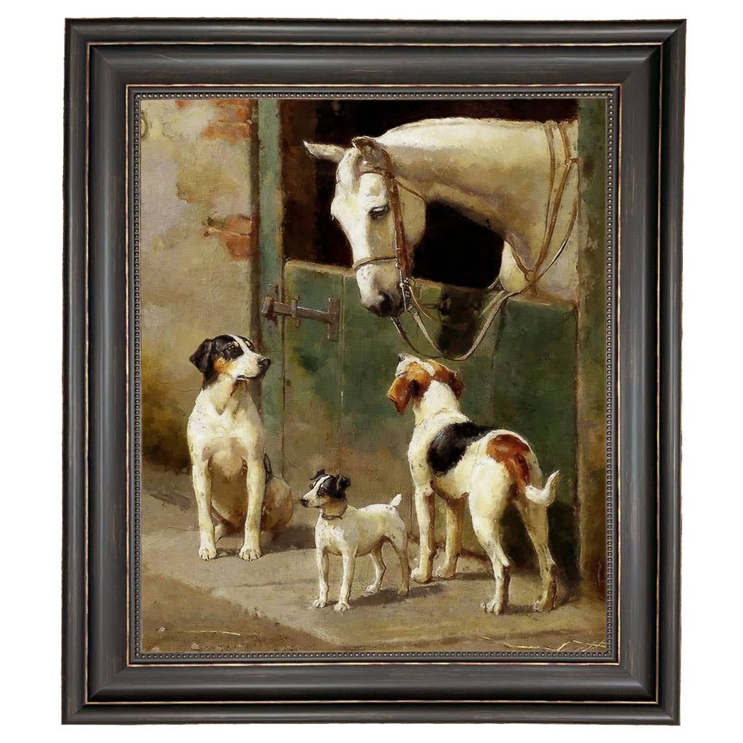 Dog and Horse at Stable Vintage Painting Print on Canvas: Wide Distressed Black/Copper-Bead / 8" x 10"