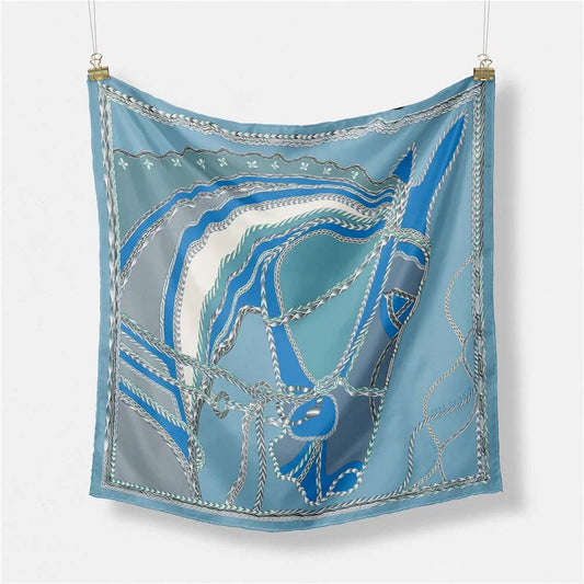 Equestrian Hunter Dressage Horse Print Satin Scarf 20”: Light Blue