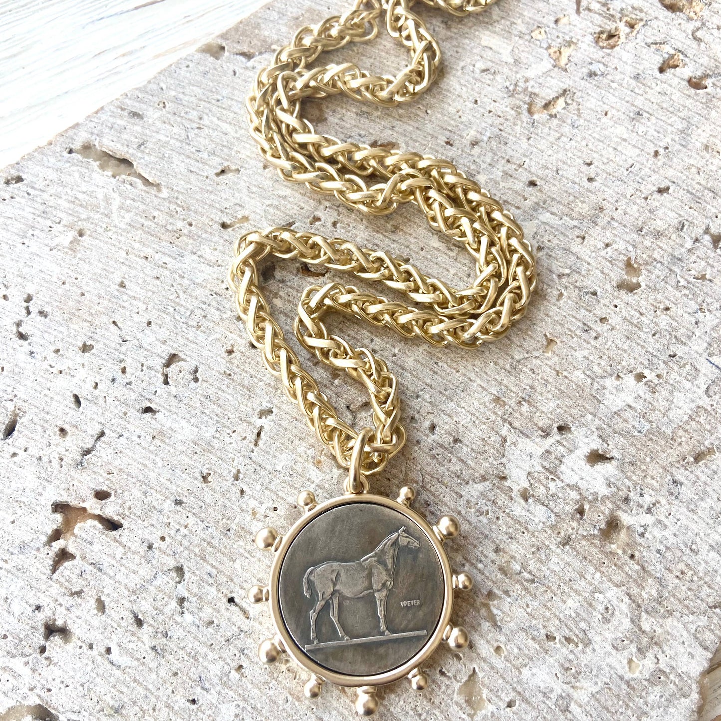 Matte Gold French Bee Coin Necklace