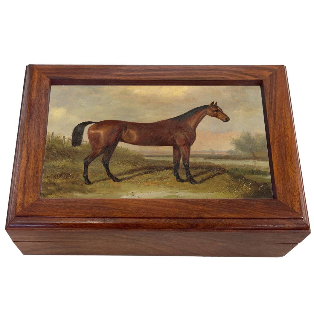 Hunter In A Landscape Decorative Solid Wood Trinket Boxes: Wood and Glass
