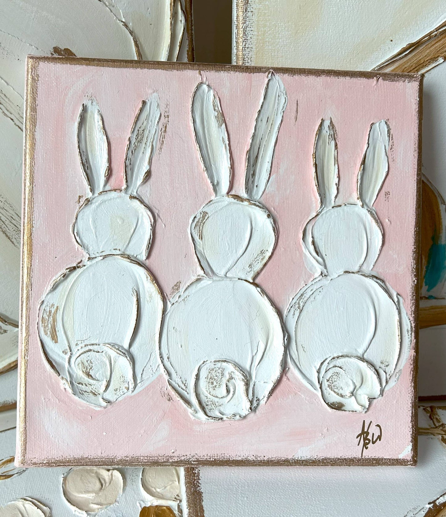 Bunny Trio  canvas  painted & textured  ~ Easter: Pink