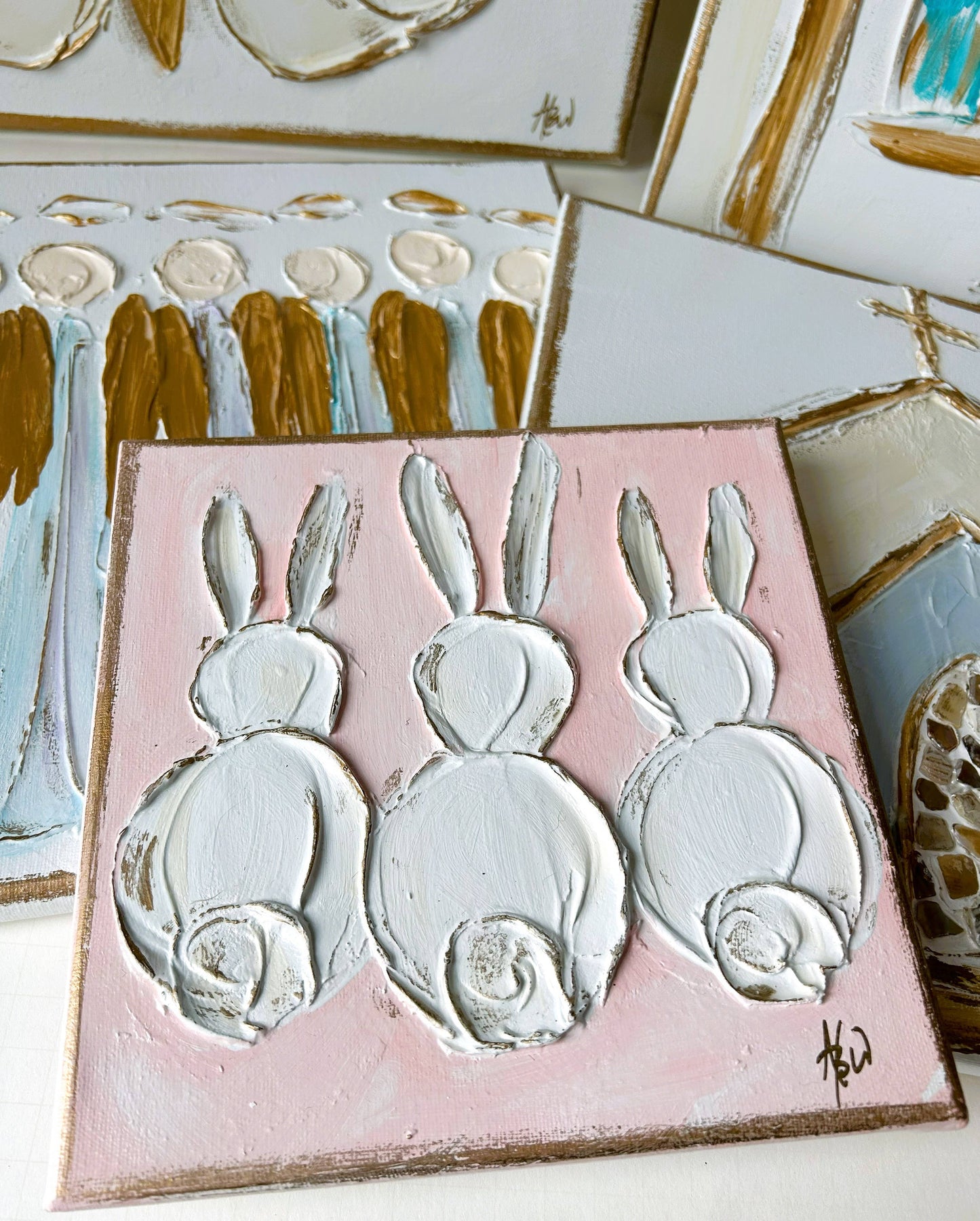 Bunny Trio  canvas  painted & textured  ~ Easter: Pink