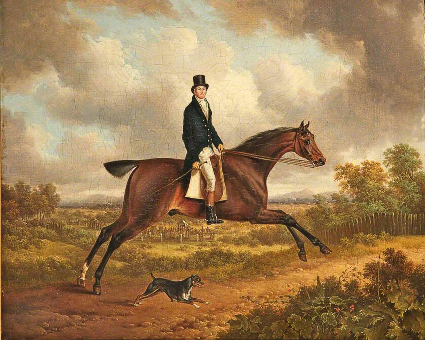Down the Path Equestrian Fox Hunt Scene Oil Painting Print: Antiqued Gold / 5" x 6"