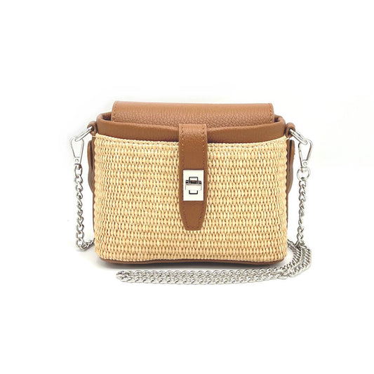 Summer collection, raffia and leather mini chain bag, Made in Italy, art. 112475: Camel