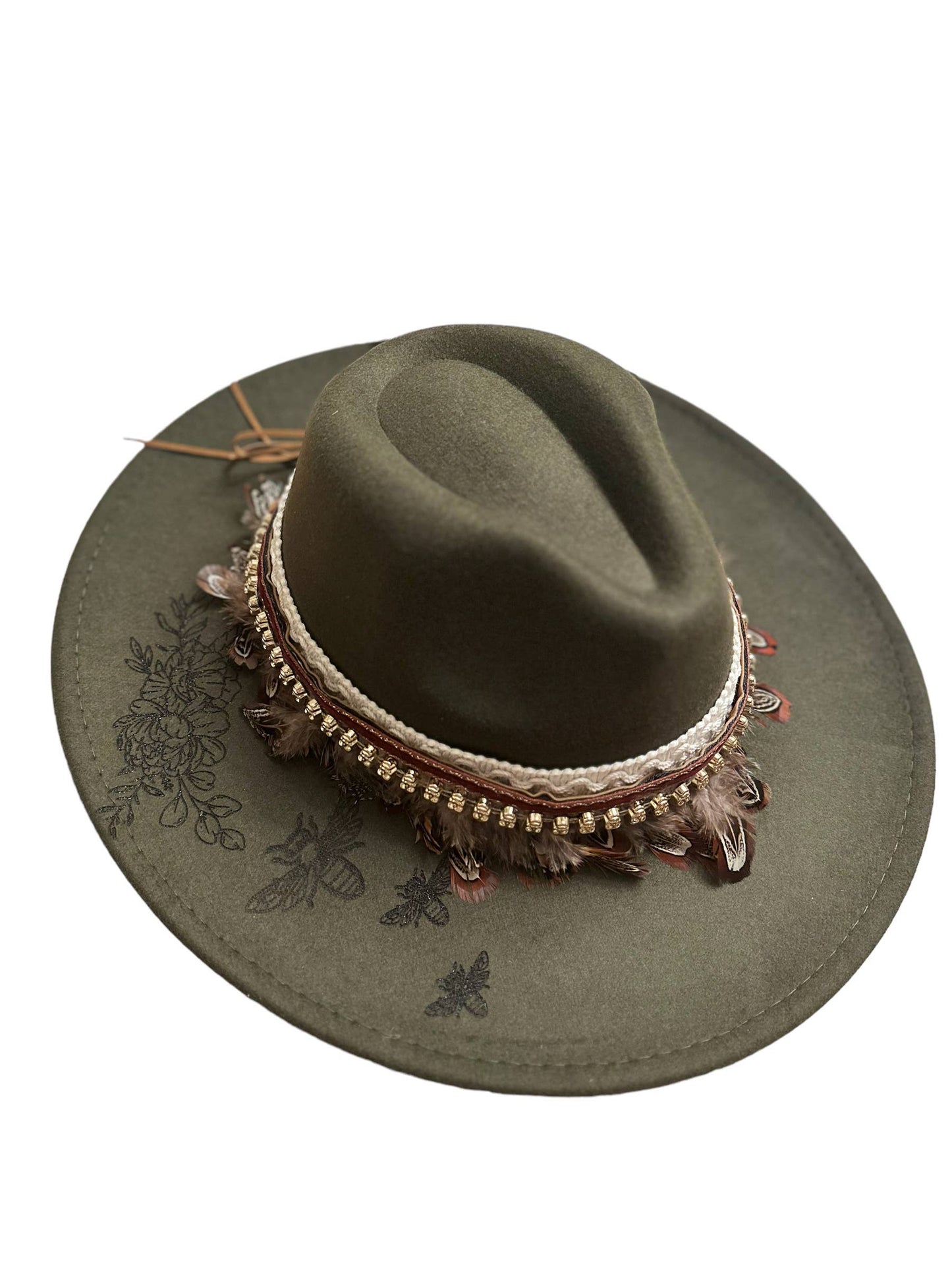 Honey Bee Floral Rancher Hat Burned Hat Western Hat : Olive / Vegan Suede Rancher
