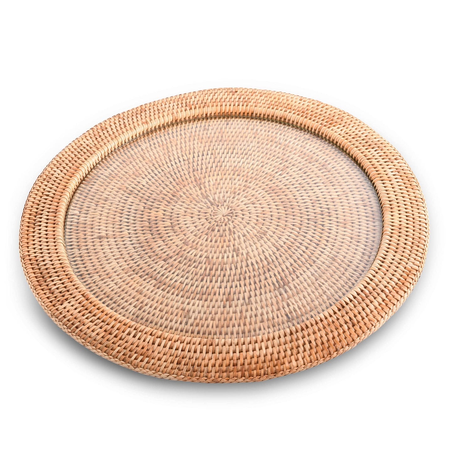 Round Serving Tray Hand Woven Wicker Rattan - Glass Insert