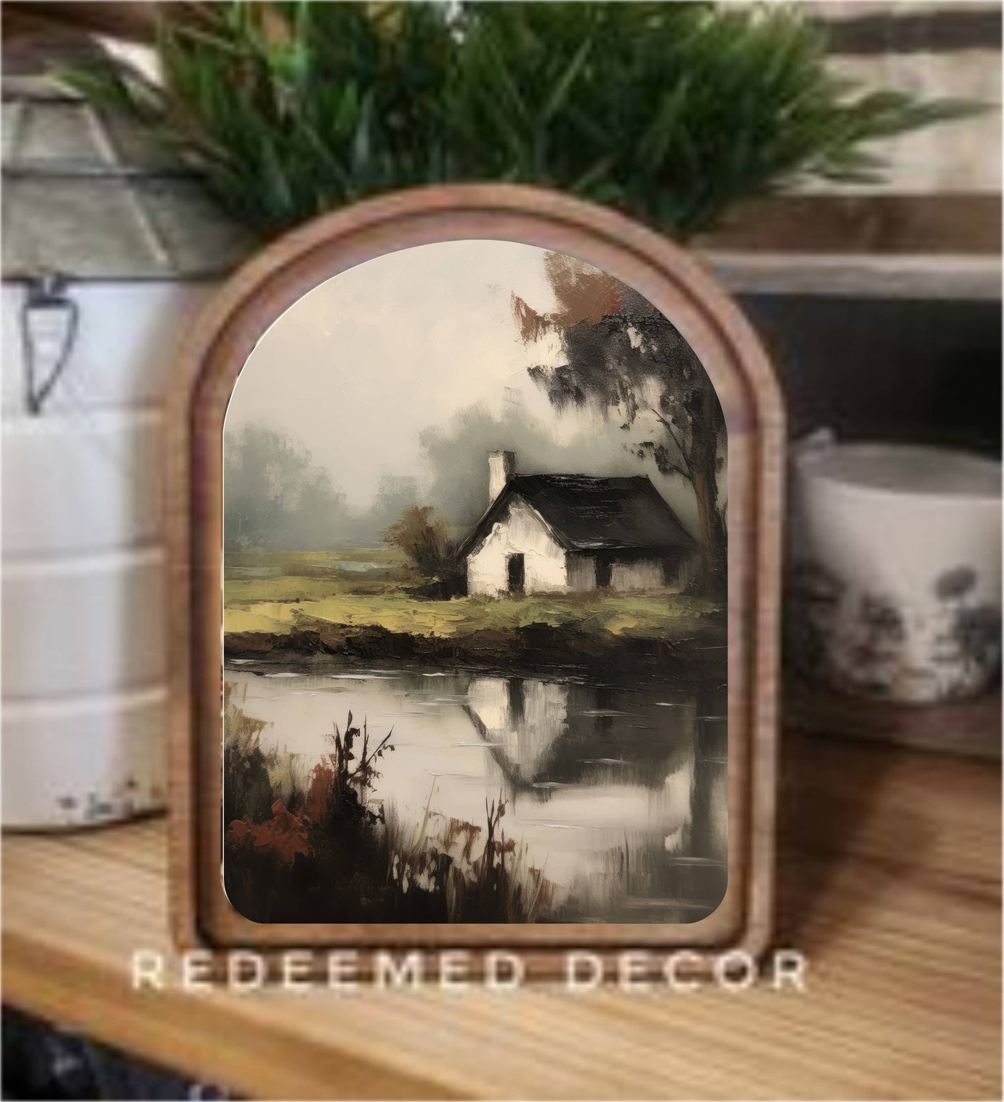 Arch Top Cottage Pond Framed Art: 6x8"