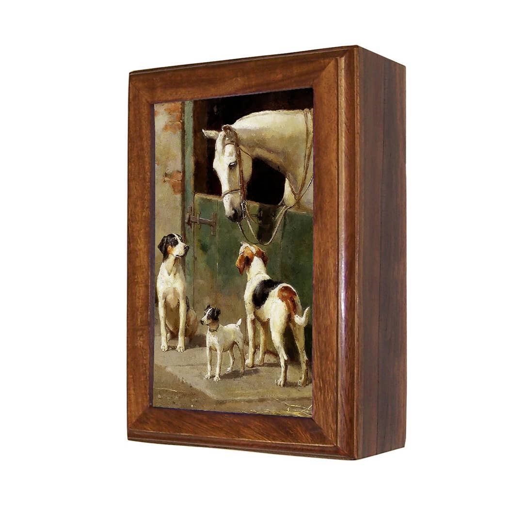 Dog and Horse at Stable Decorative Solid Wood Trinket Boxes: Wood and glass