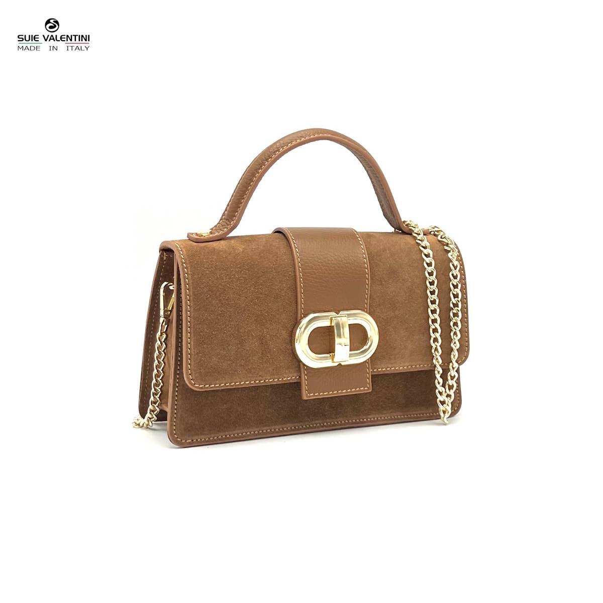 Suede leather clutch bag with chain, Made in Italy, art. 112633: Camel