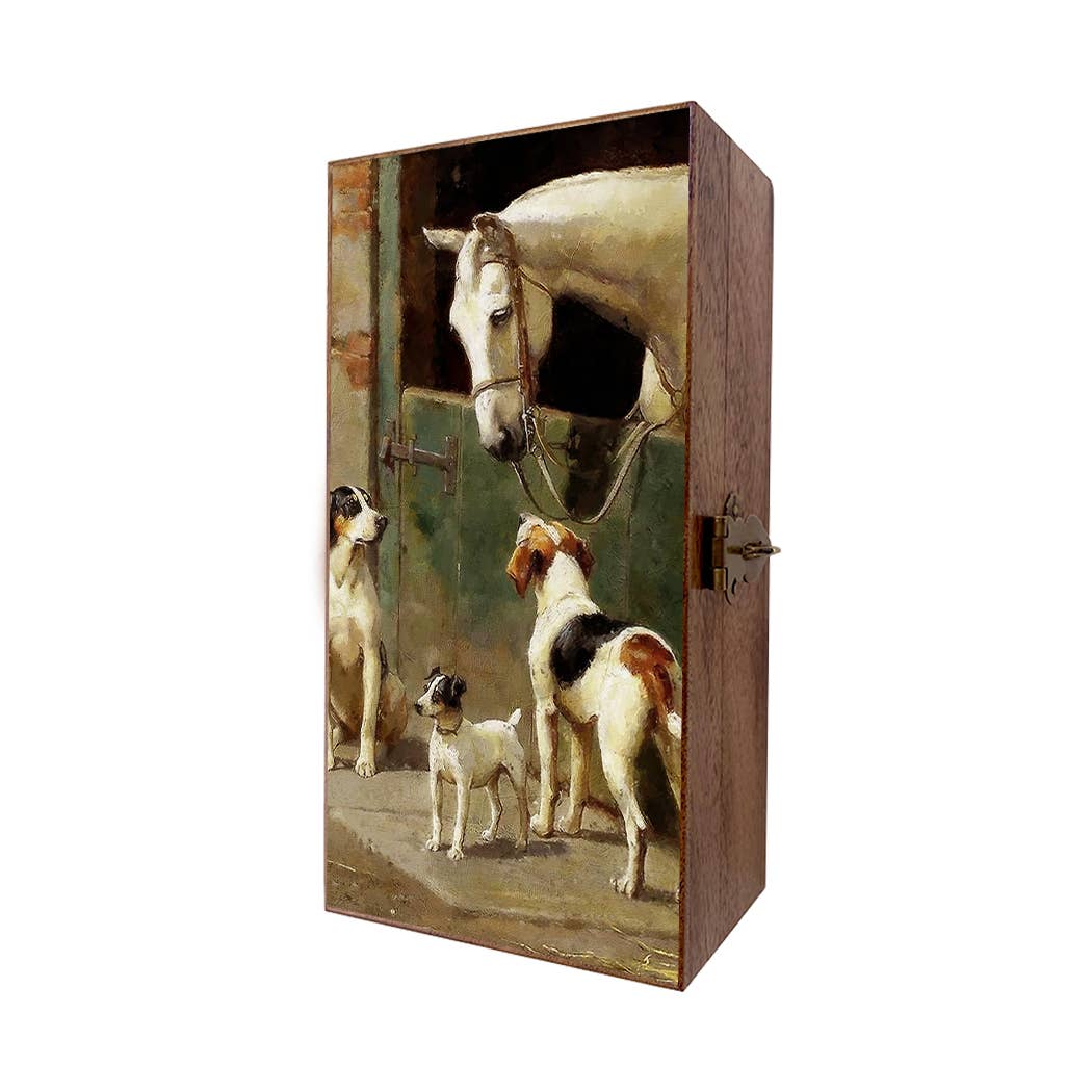 Dog and Horse at Stable Decorative Solid Wood Trinket Boxes: Wood and glass