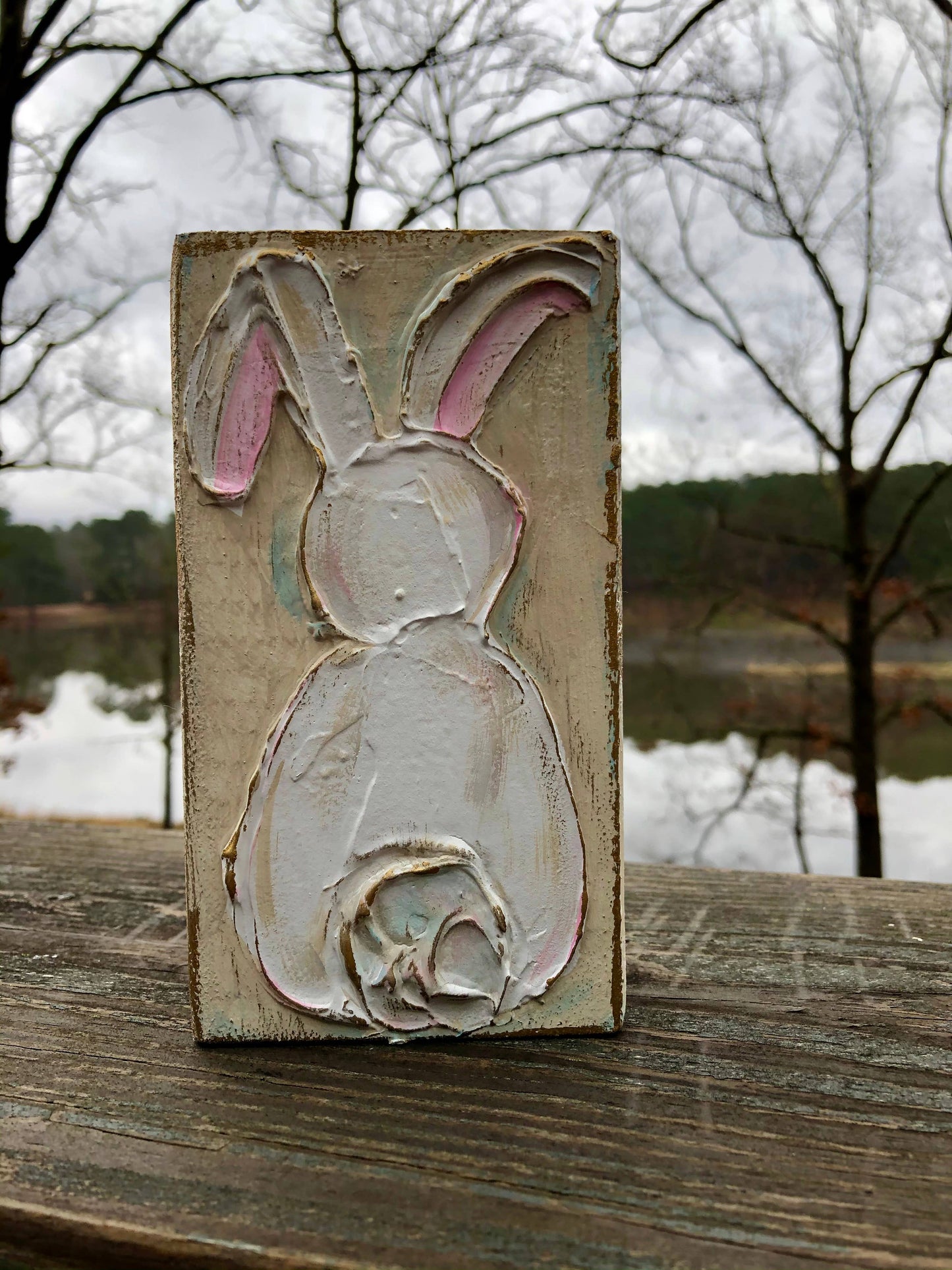 Easter Bunny Rabbit handmade textured wood block