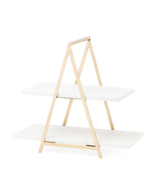2 Tiered Rectangle Marble Gold Tone Stand