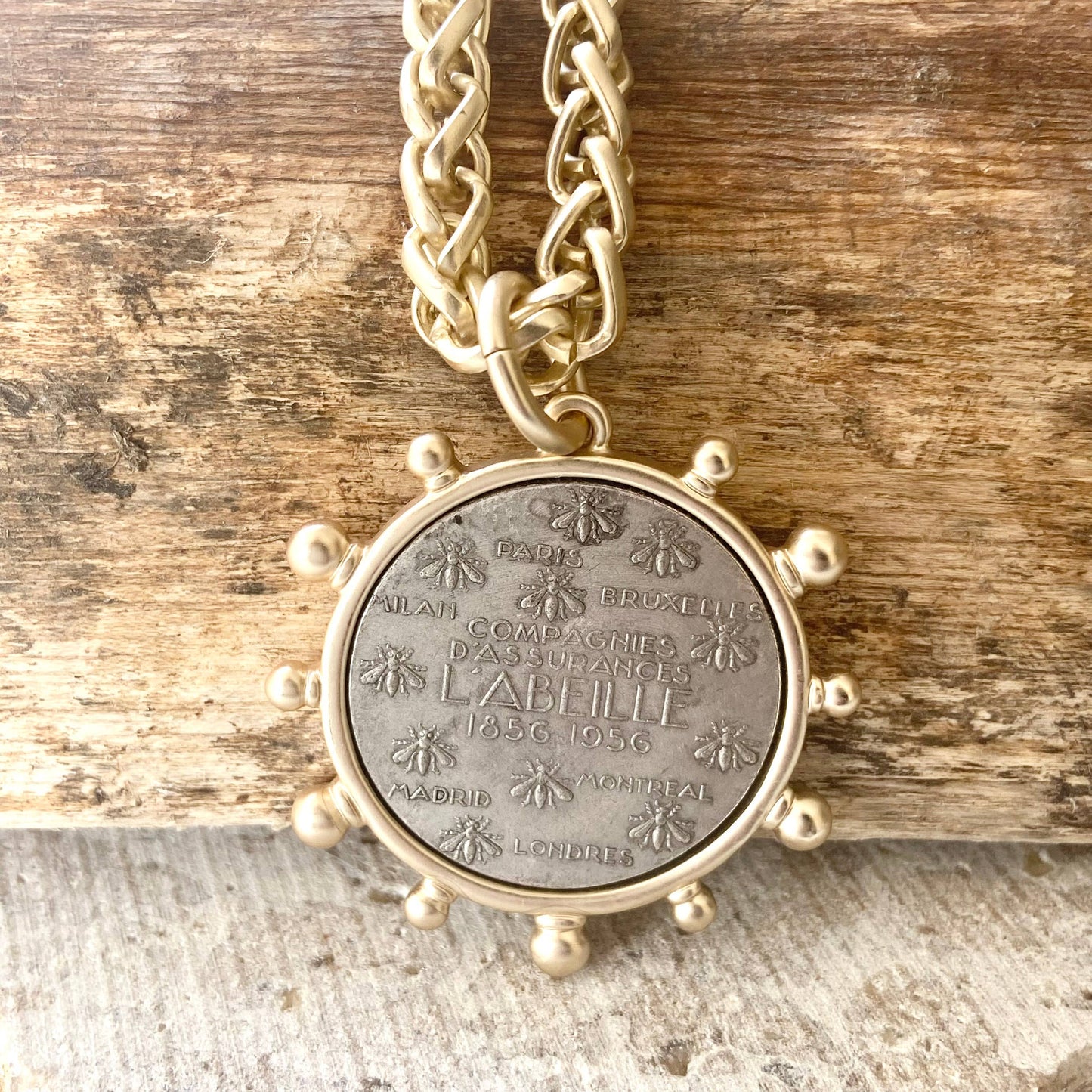 Matte Gold French Bee Coin Necklace