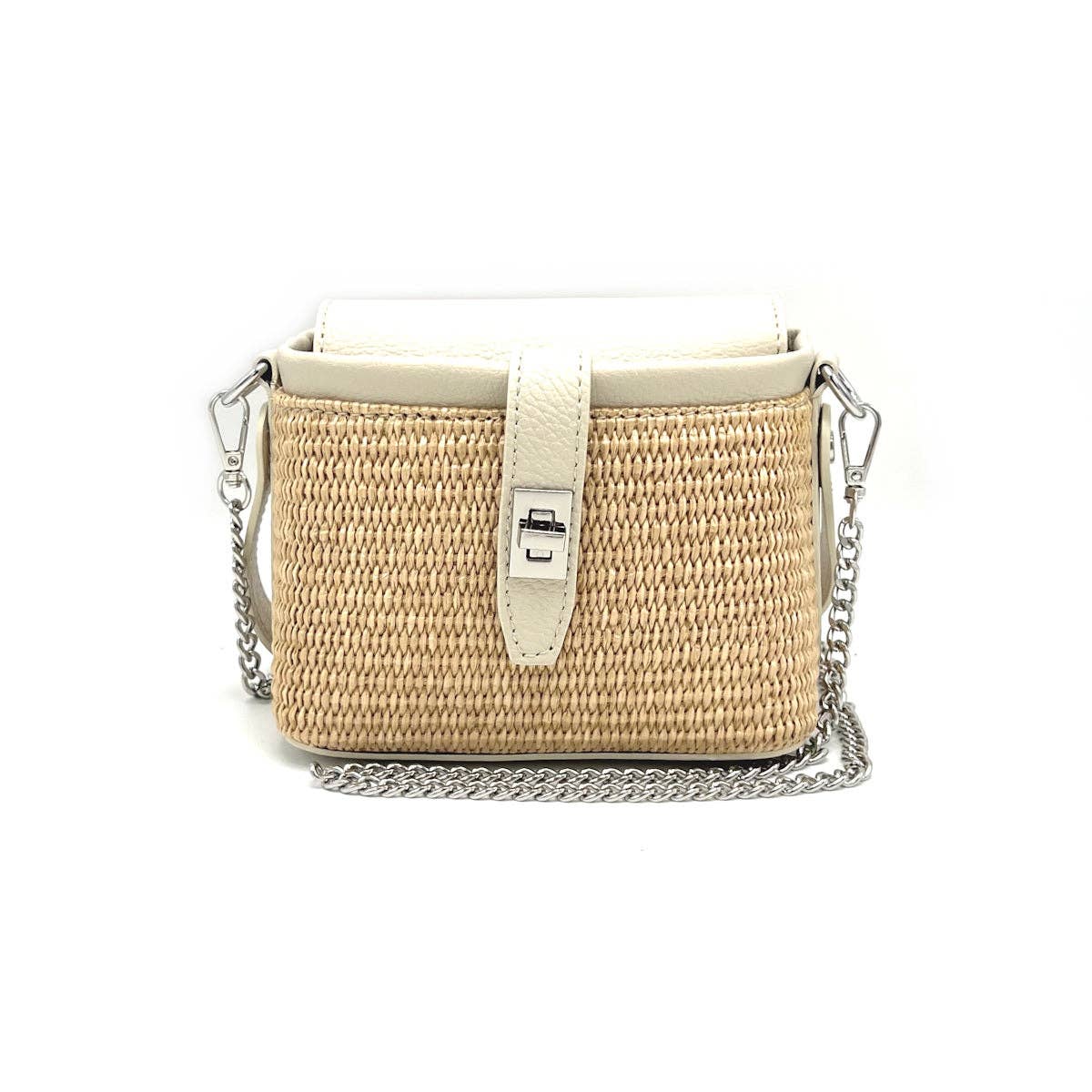 Summer collection, raffia and leather mini chain bag, Made in Italy, art. 112475: Camel