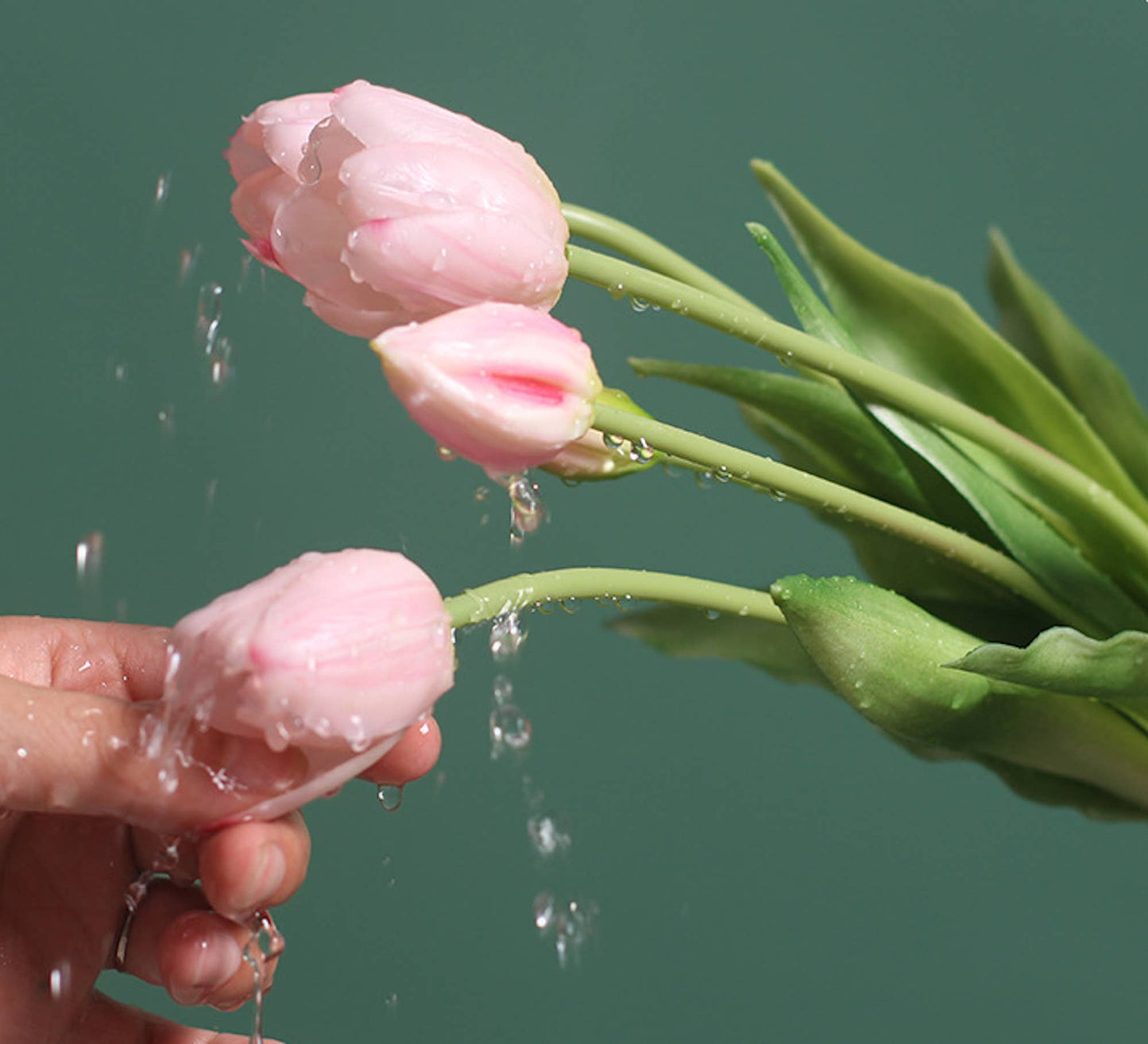 16" Real Touch Tulip-3 flowers 2 buds: Soft Pink