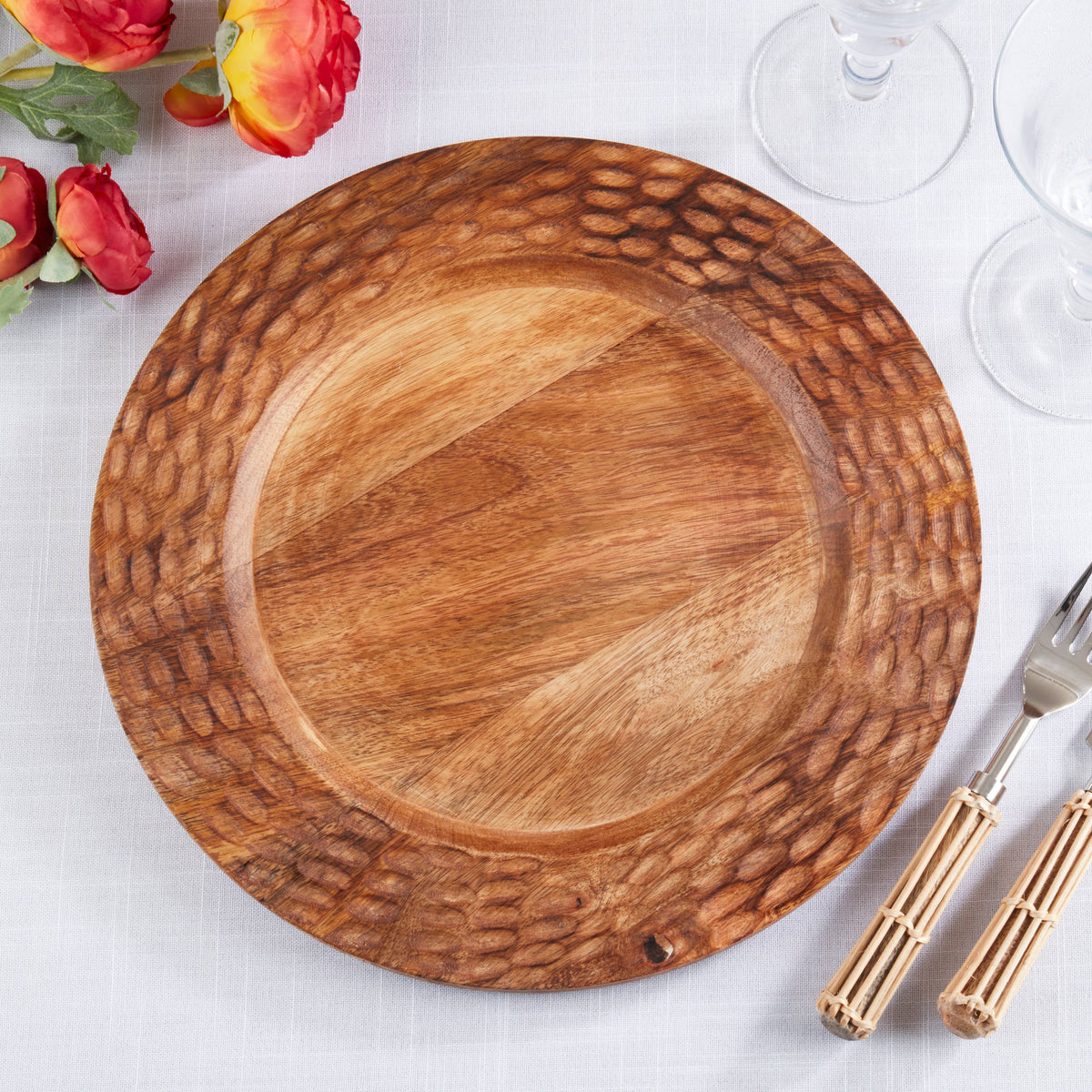 Textured Mango Wood Decorative Rustic Charger Plates: Brown / 13"
