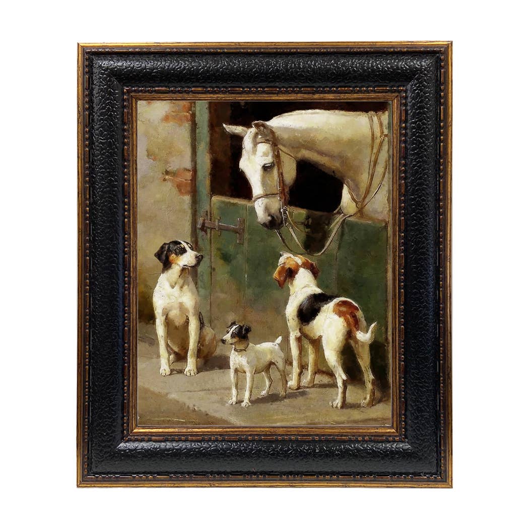 Dog and Horse at Stable Framed Painting Print on Canvas: Leather-look Black/Antiqued Gold / 5" x 6"