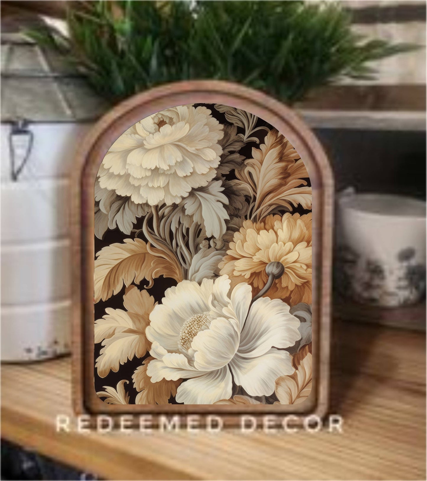 Arch Top Floral Neutral Framed Art : 6x8"
