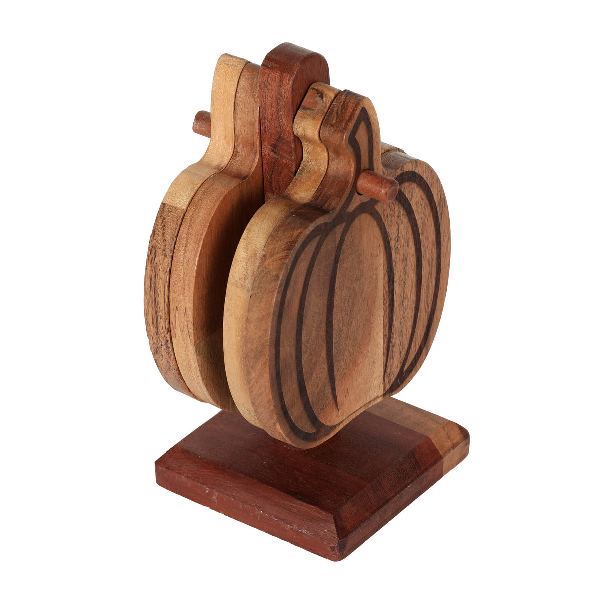 Set of 4 Pumpkin Acacia Wood Coasters with Stand