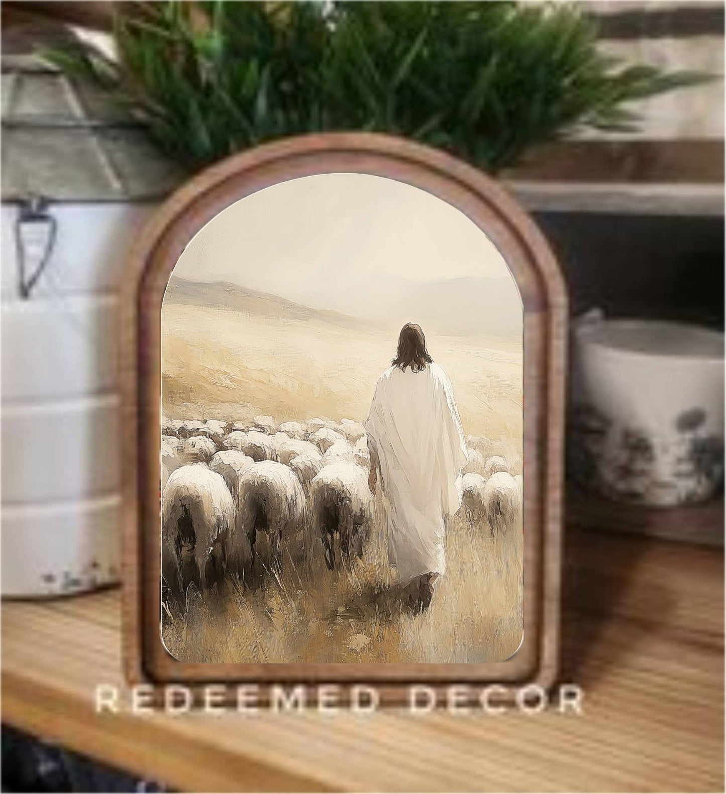 Arch Top Jesus Sheep Framed Art : 6x8"
