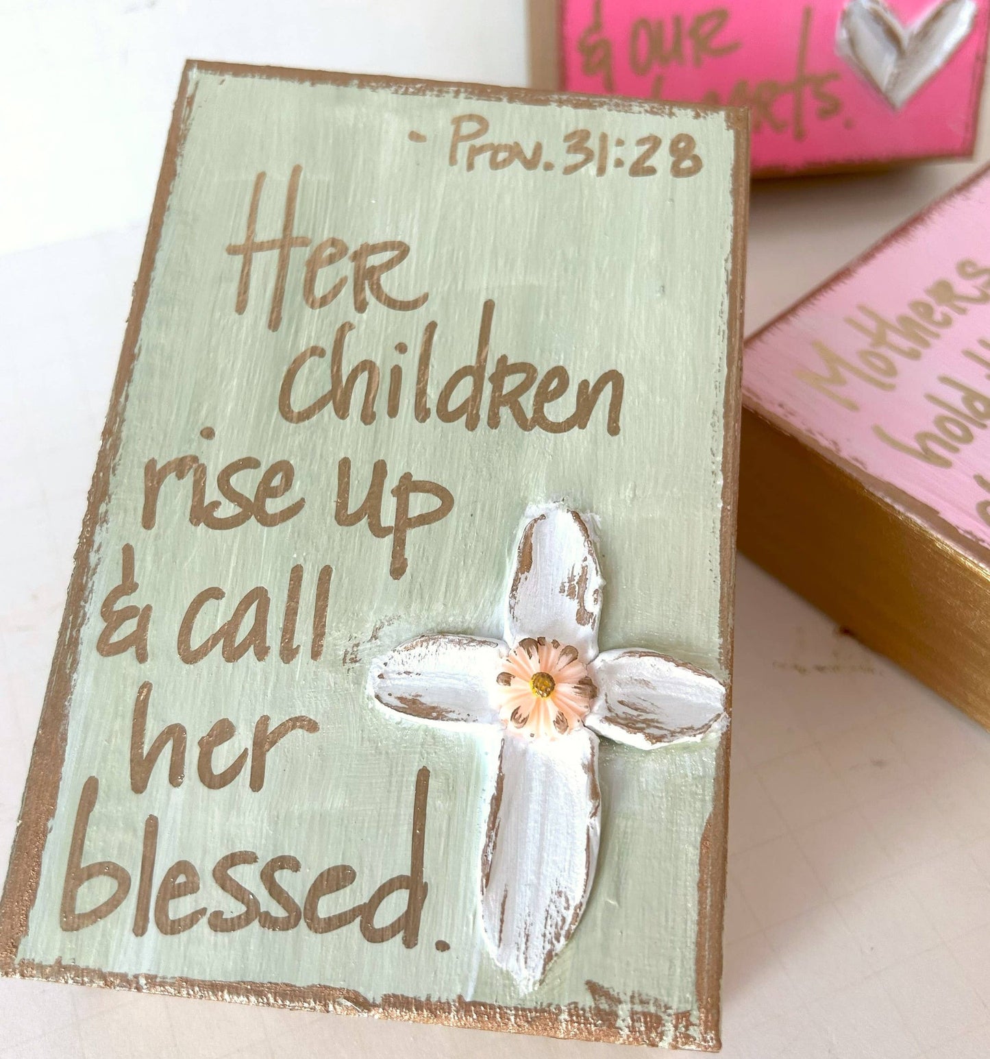 Mother's day gift block |  Cross  Crown  Heart  Love: Cross "Her children call..."