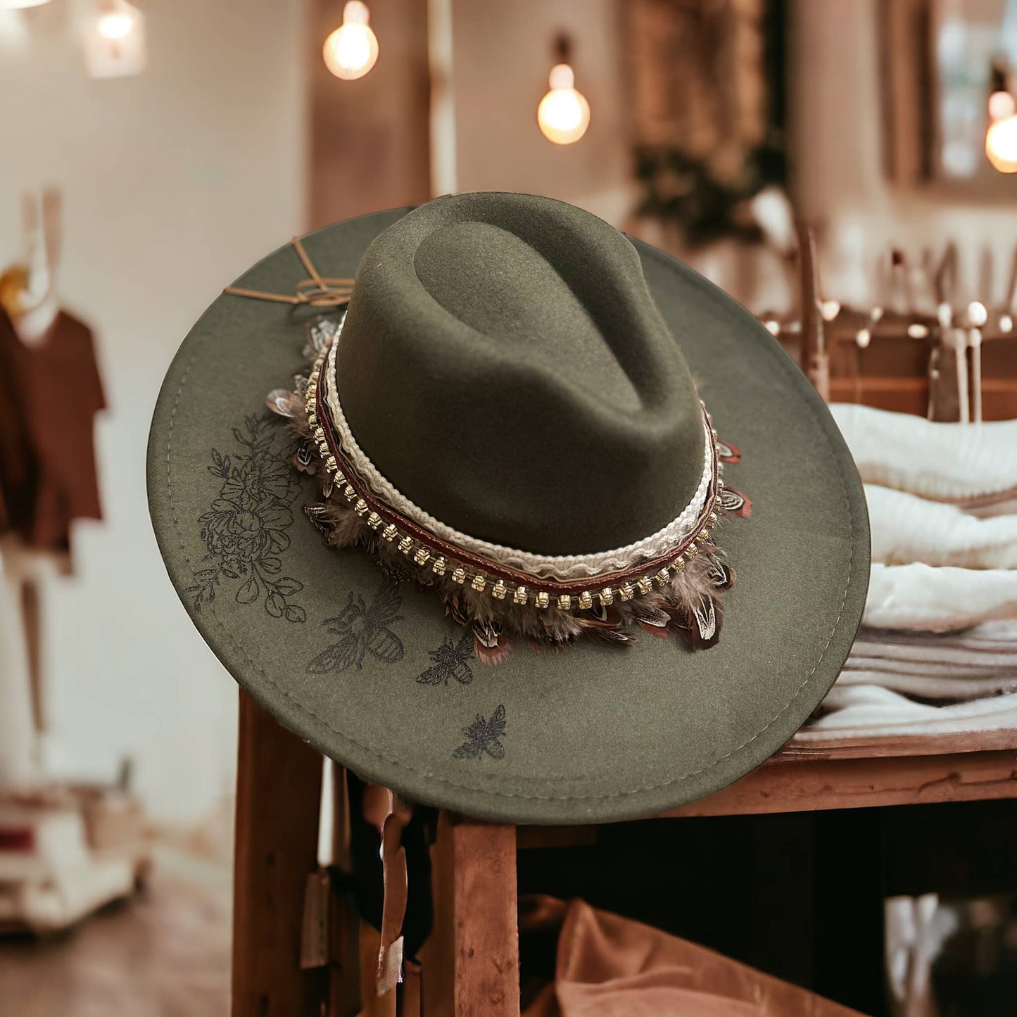 Honey Bee Floral Rancher Hat Burned Hat Western Hat : Olive / Vegan Suede Rancher