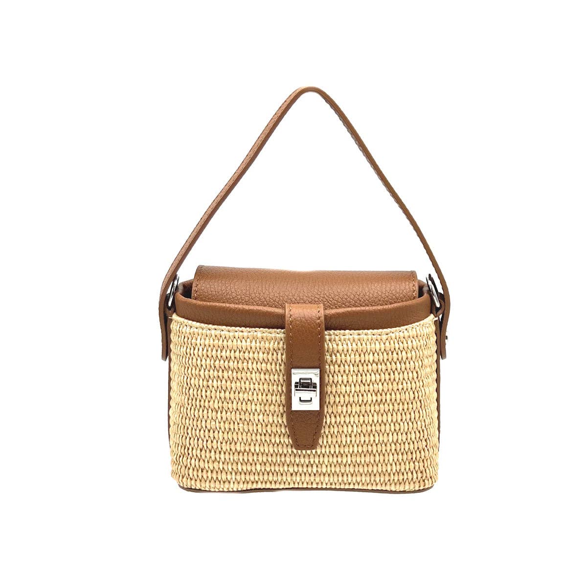 Summer collection, raffia and leather mini chain bag, Made in Italy, art. 112475: Camel