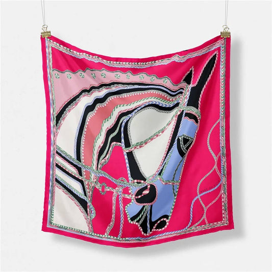 Equestrian Hunter Dressage Horse Print Satin Scarf 20”: Dark Pink
