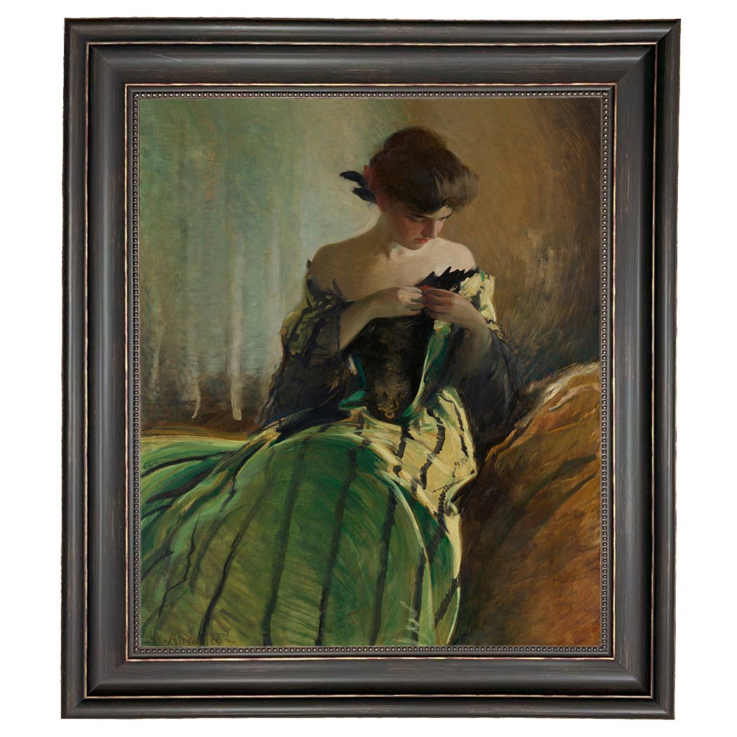 Woman in Black and Green Dress Vintage Canvas Painting Print: Ornate Antiqued Gold / 8" x 10"