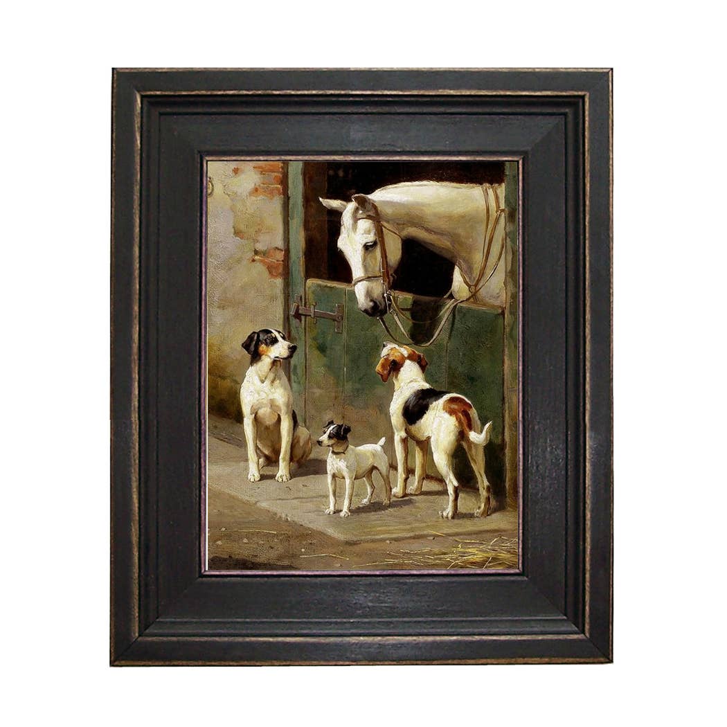Dog and Horse at Stable Framed Painting Print on Canvas: Leather-look Black/Antiqued Gold / 5" x 6"