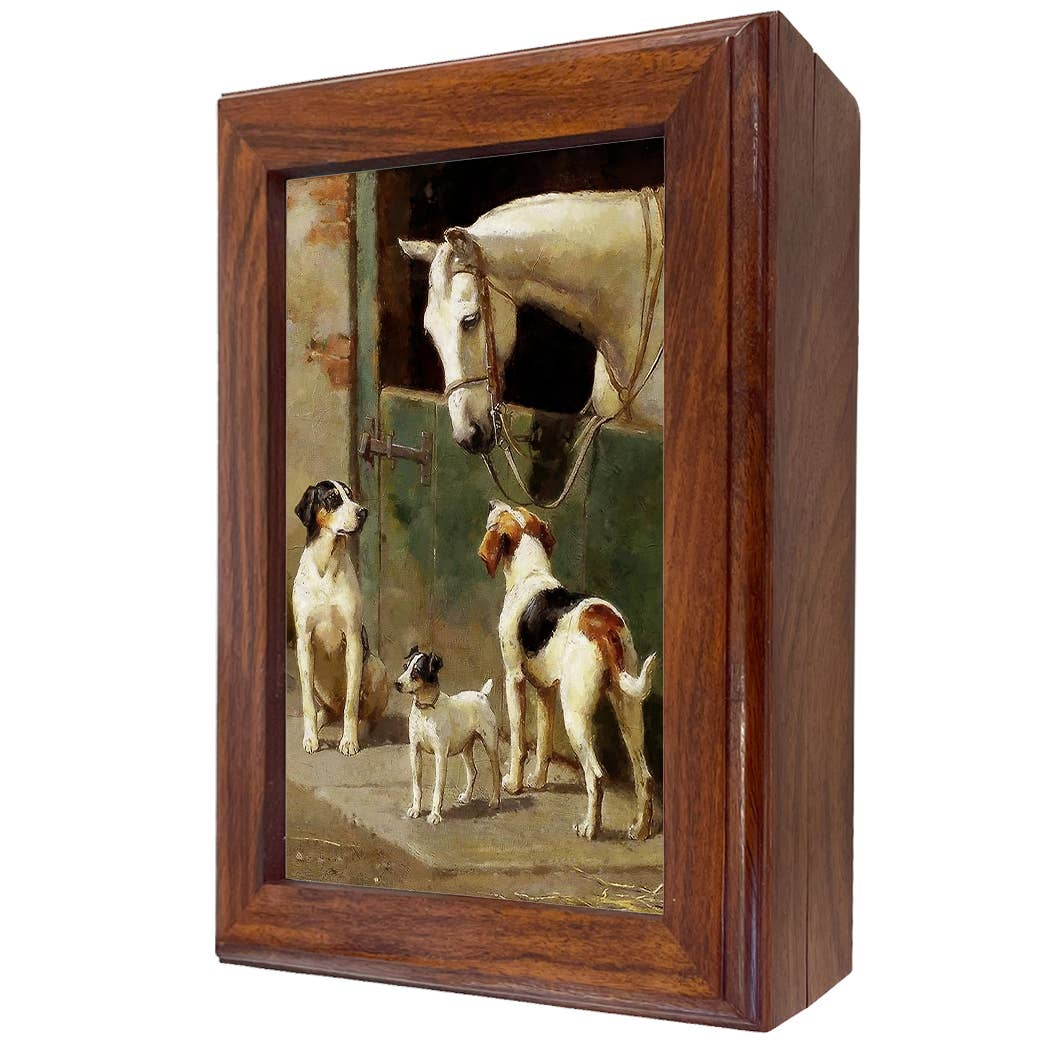 Dog and Horse at Stable Decorative Solid Wood Trinket Boxes: Wood and glass