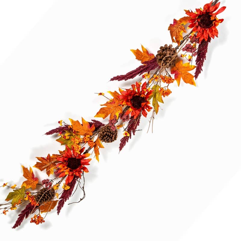 SUNFLOWER, PINE CONE AND BERRY GARLAND WITH LEAVES, 58 IN.