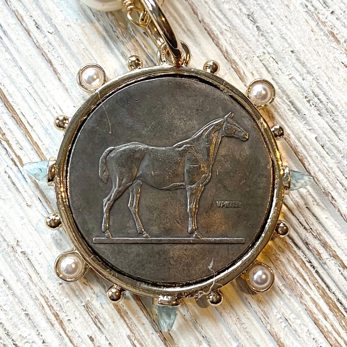 Horse Jewelry French Coin Medallion Equestrian Necklace: 20” / Reversible “le monde” pendant