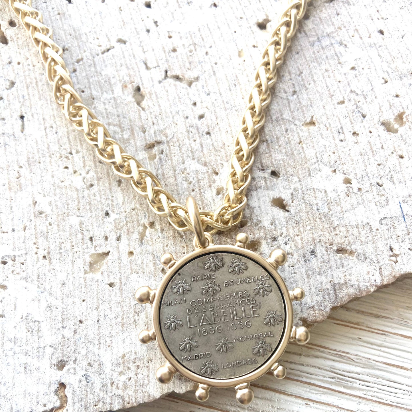 Matte Gold French Bee Coin Necklace