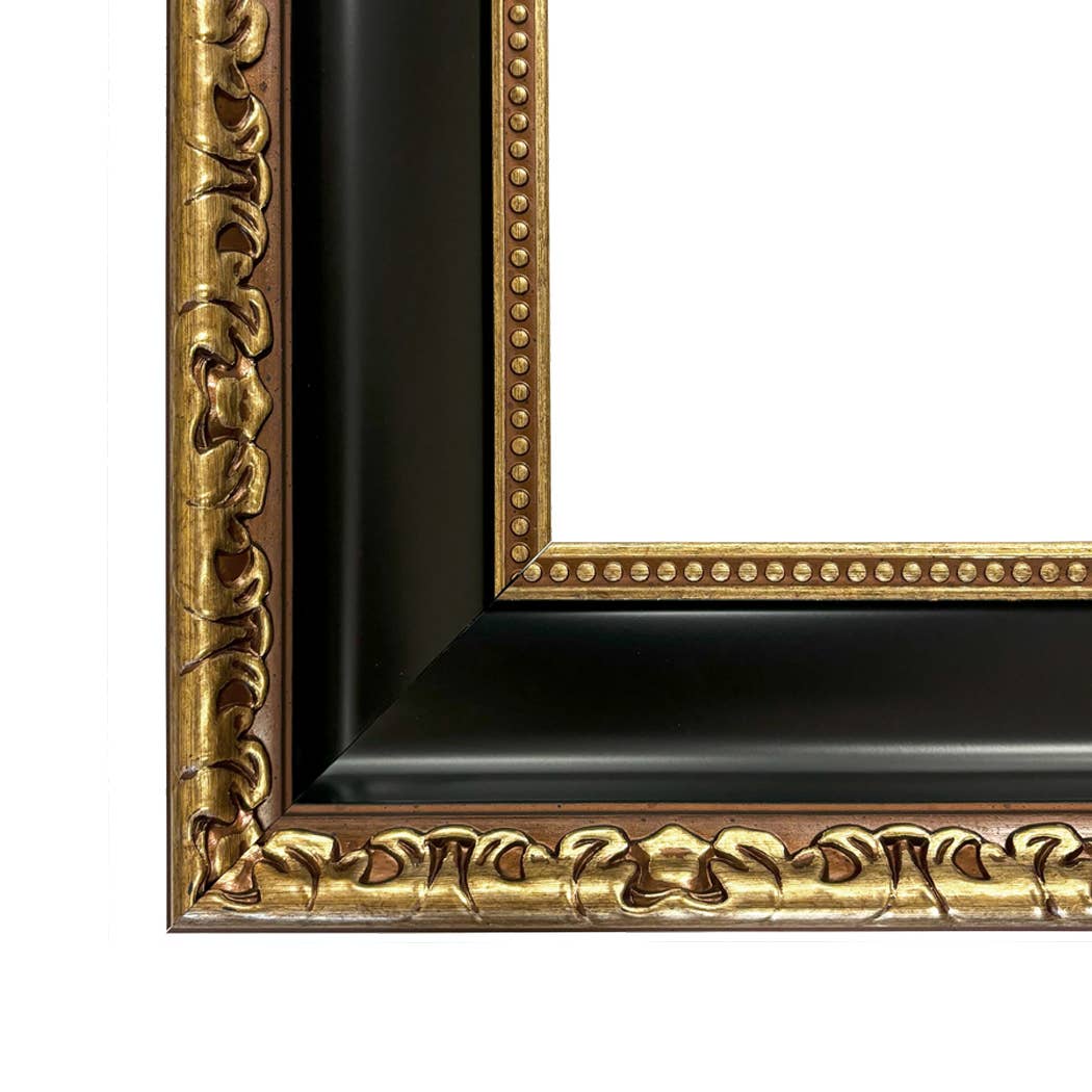 Dog and Horse at Stable Framed Painting Print on Canvas: Leather-look Black/Antiqued Gold / 5" x 6"