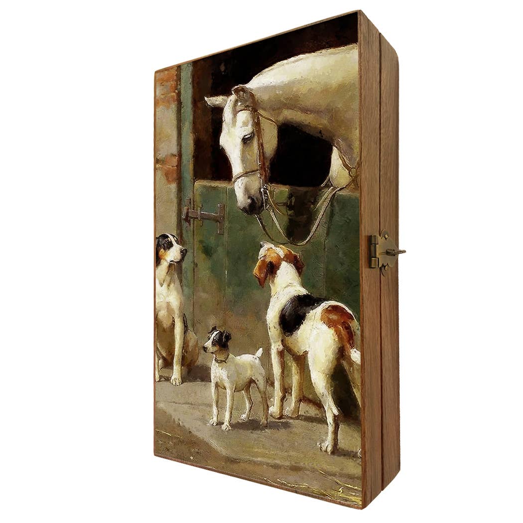 Dog and Horse at Stable Decorative Solid Wood Trinket Boxes: Wood and glass