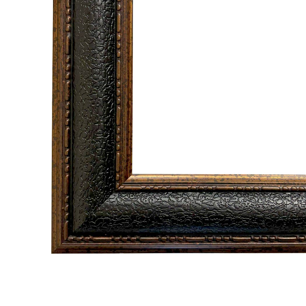 Dog and Horse at Stable Framed Painting Print on Canvas: Leather-look Black/Antiqued Gold / 5" x 6"