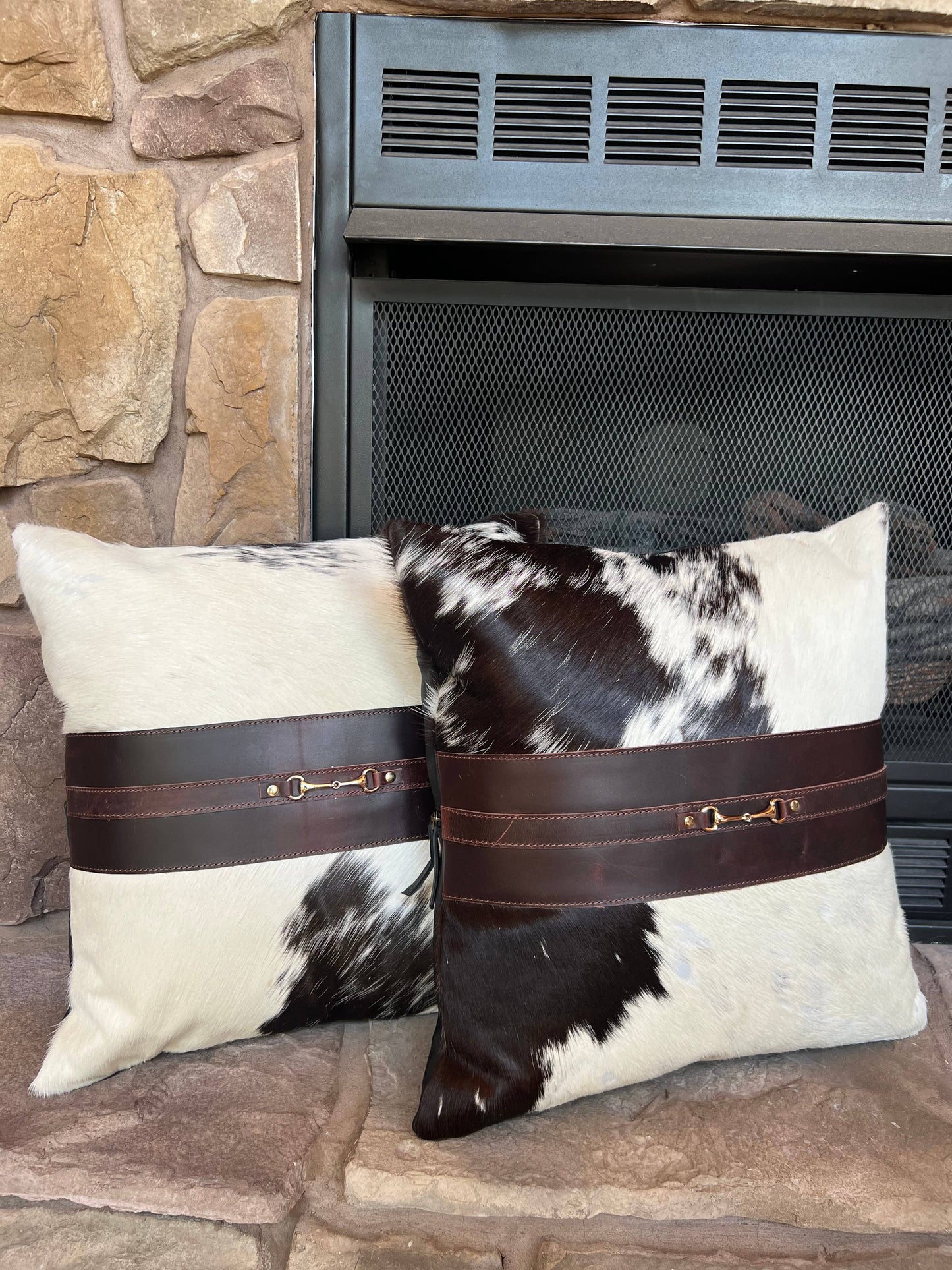 Equestrian Snaffle Bit Cowhide Leather Pillow Cover 18”: White Cowhide