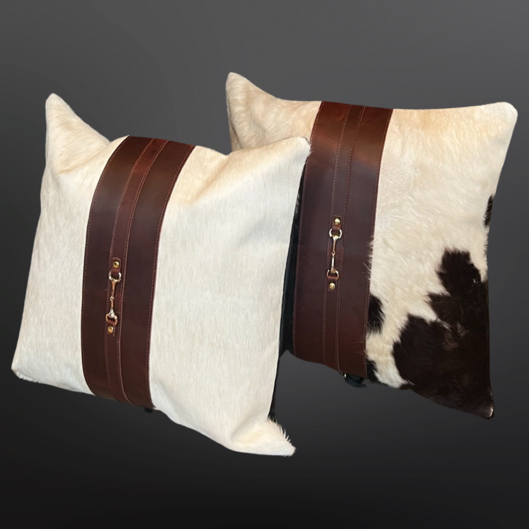 Equestrian Snaffle Bit Cowhide Leather Pillow Cover 18”: White Cowhide
