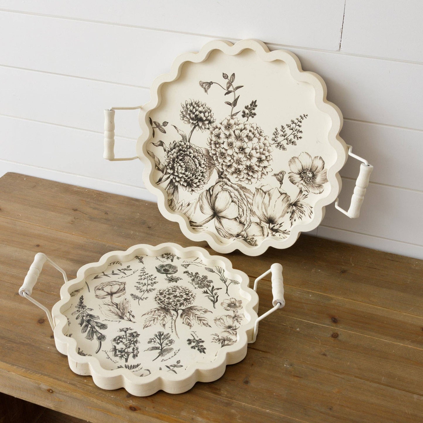 Scalloped Trays - White And Black Botanicals - Large