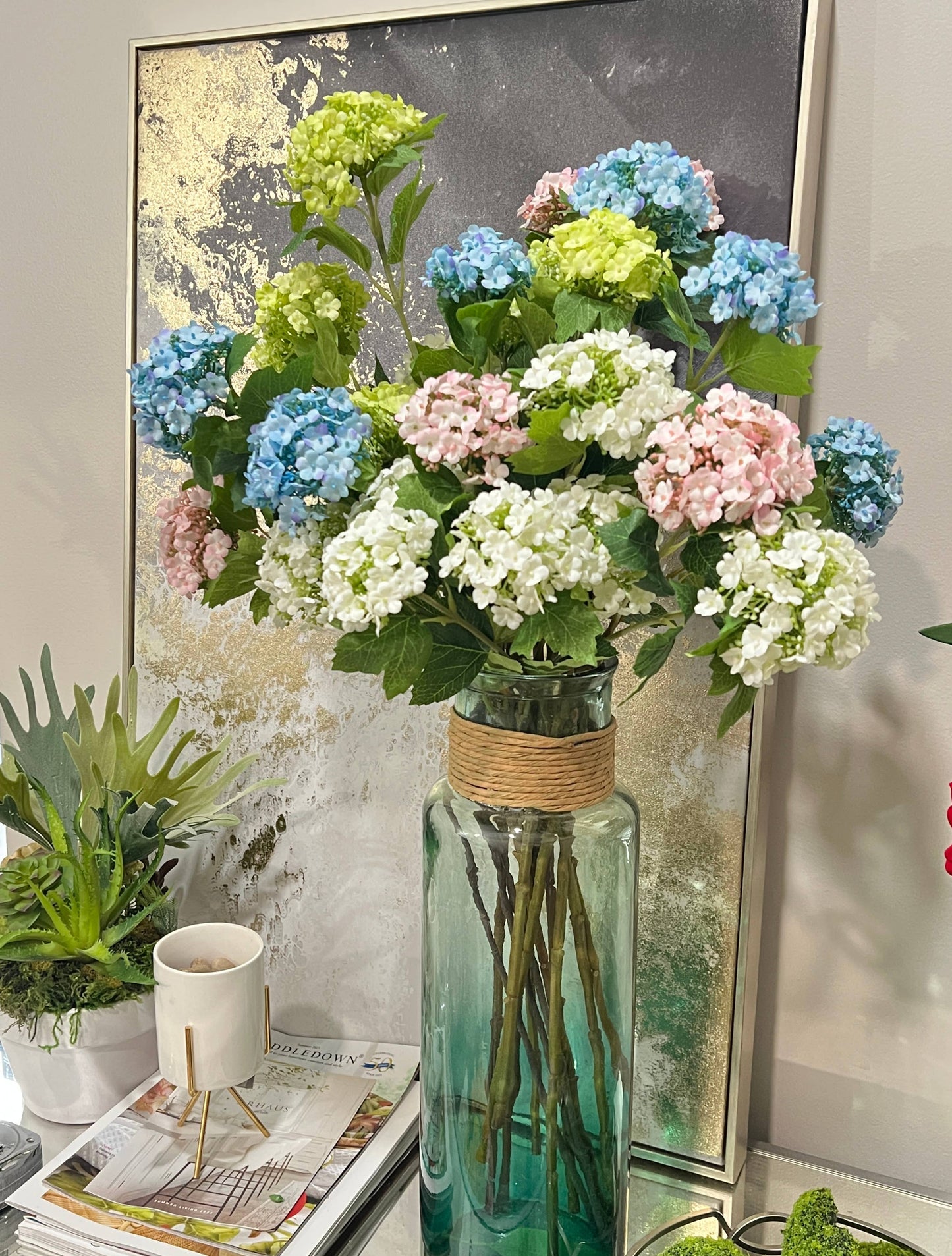 27"-3 Blooms-faux Snowball hydrangea spray: Pale green